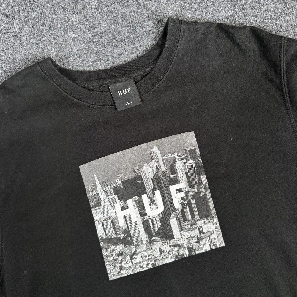 HUF Mens Crewneck Sweater Adult M Black Pullover Skater City Logo Streetwear